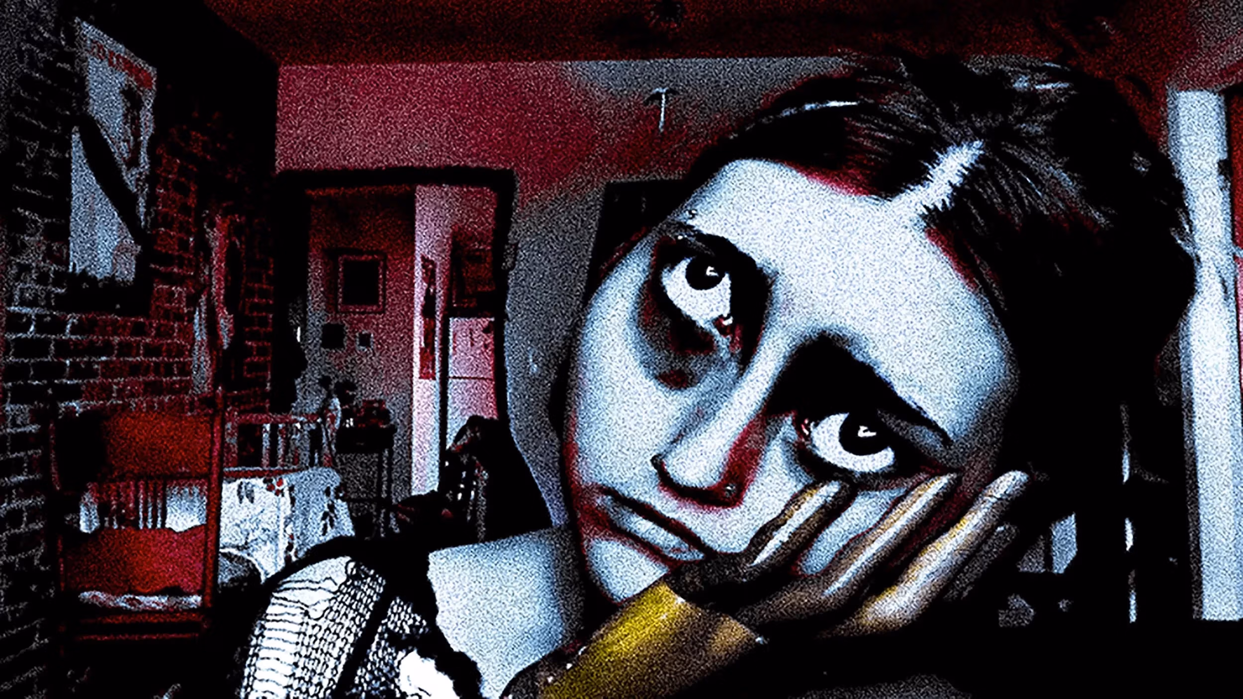 Blue and red toned photograph of a woman's distorted face, resting on a wooden hand and gazing up 