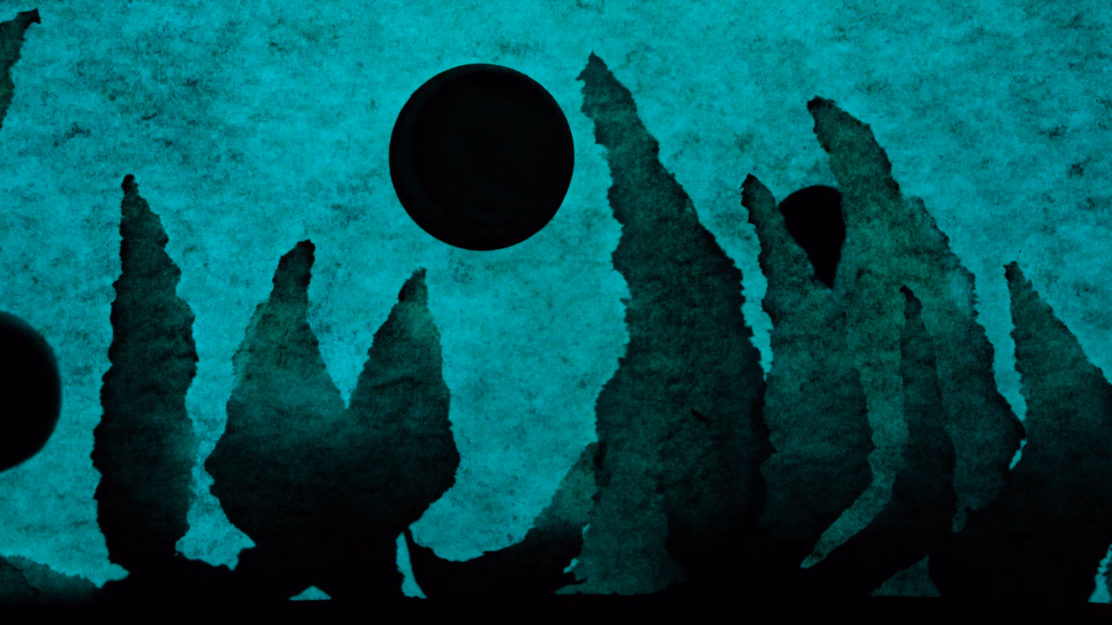 An abstract photograph with a textured teal background. Overlaid are areas of darker teal splotches that look like grass or leaves growing from the bottom. There is a single black sphere in the middle.
