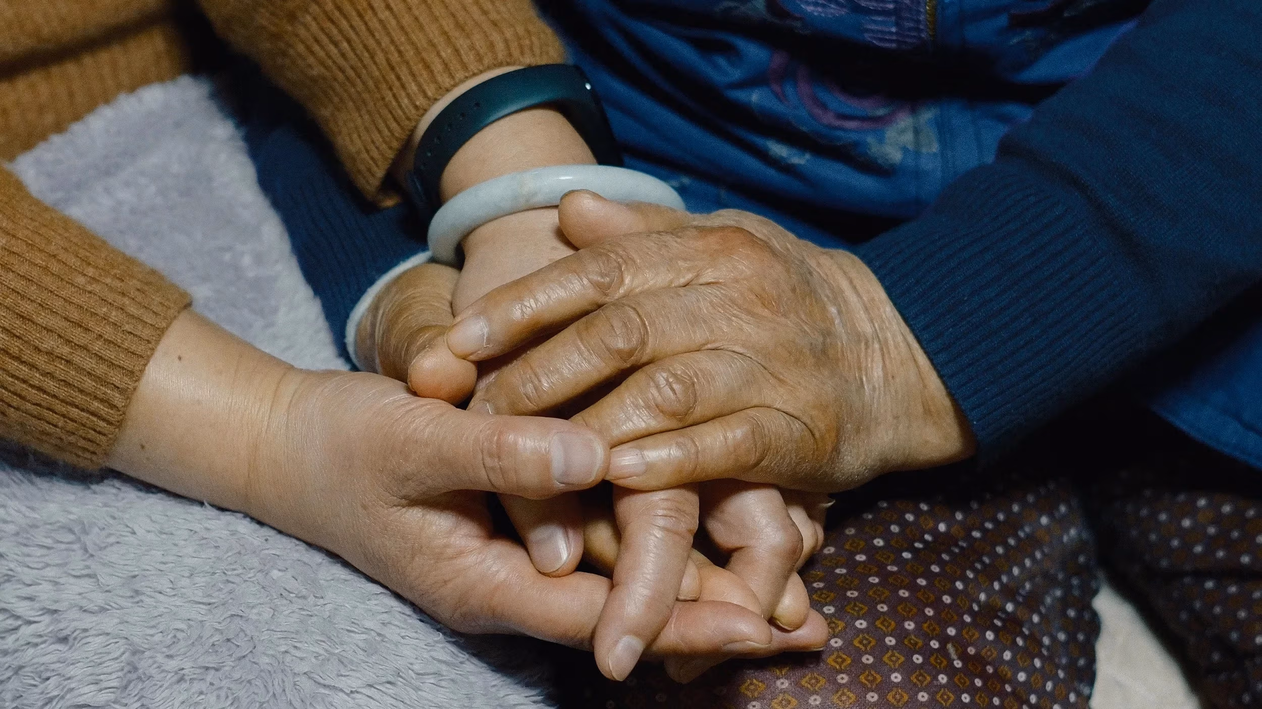 A close-up of a young person's hand holding an elderly person's wrinkled hand, conveying a sense of care and generational connection.