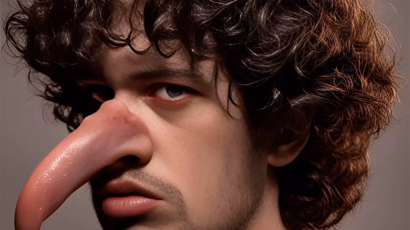 A selfie of Ari Temkin featured in the video installation The Index, created using an AI imaging tool. Ari faces left in a dimly lit, studio-style portrait. The image exaggerates their features with a comically large, obscene nose protruding from their face, critiquing the bias embedded in generative AI.