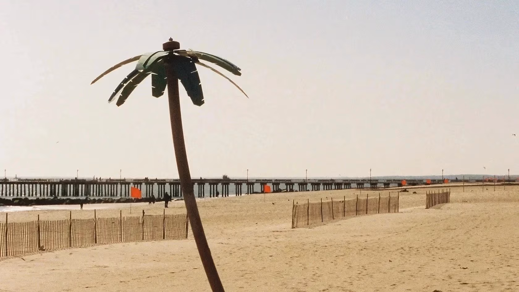 An artificial made palm tree on the beaches of Coney Island.