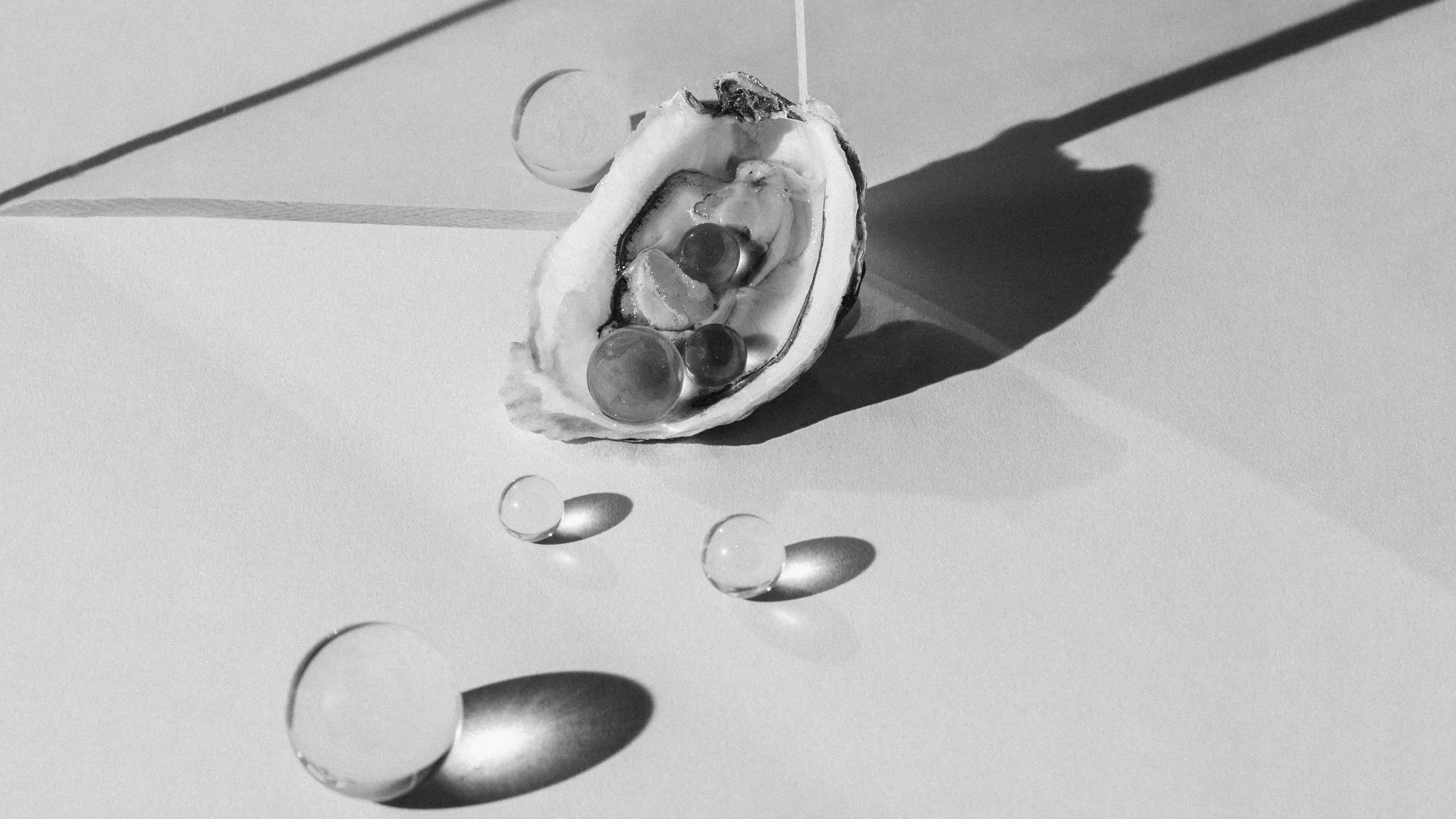 A black-and-white still life photograph of half an oyster lying open on a white surface. In the background is the other half, face down. There are eight small glass obs on the surface, with three inside the oyster shell. There is a piece of plexiglass standing on its side behind the first half of the oyster.