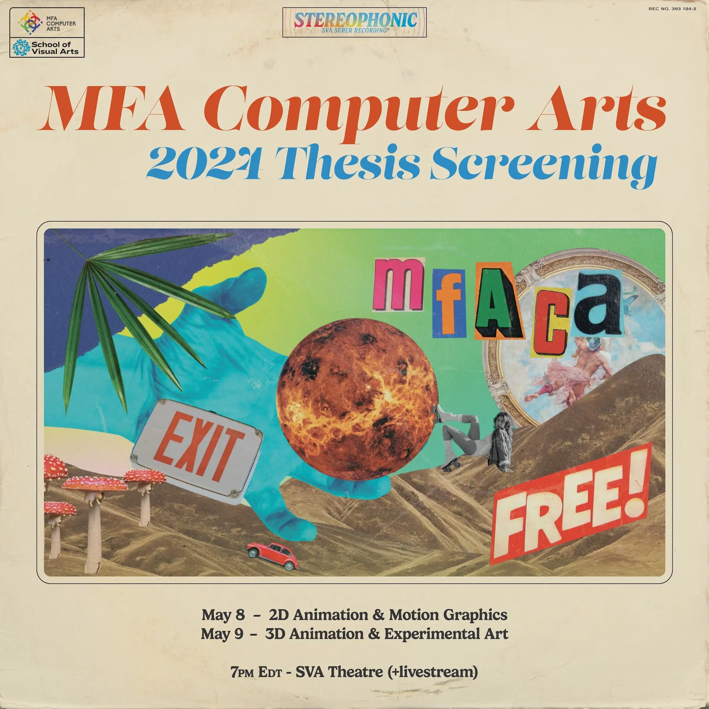 Poster for event information that is designed to look like a vinyl record cover.  The imagery is a collage with a woman kicking a planet in a surreal desert landscape.