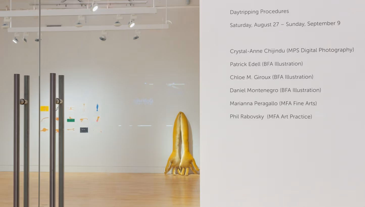 Photograph outside of gallery space displaying artist names and "Daytripping Procedures" exhibition title.