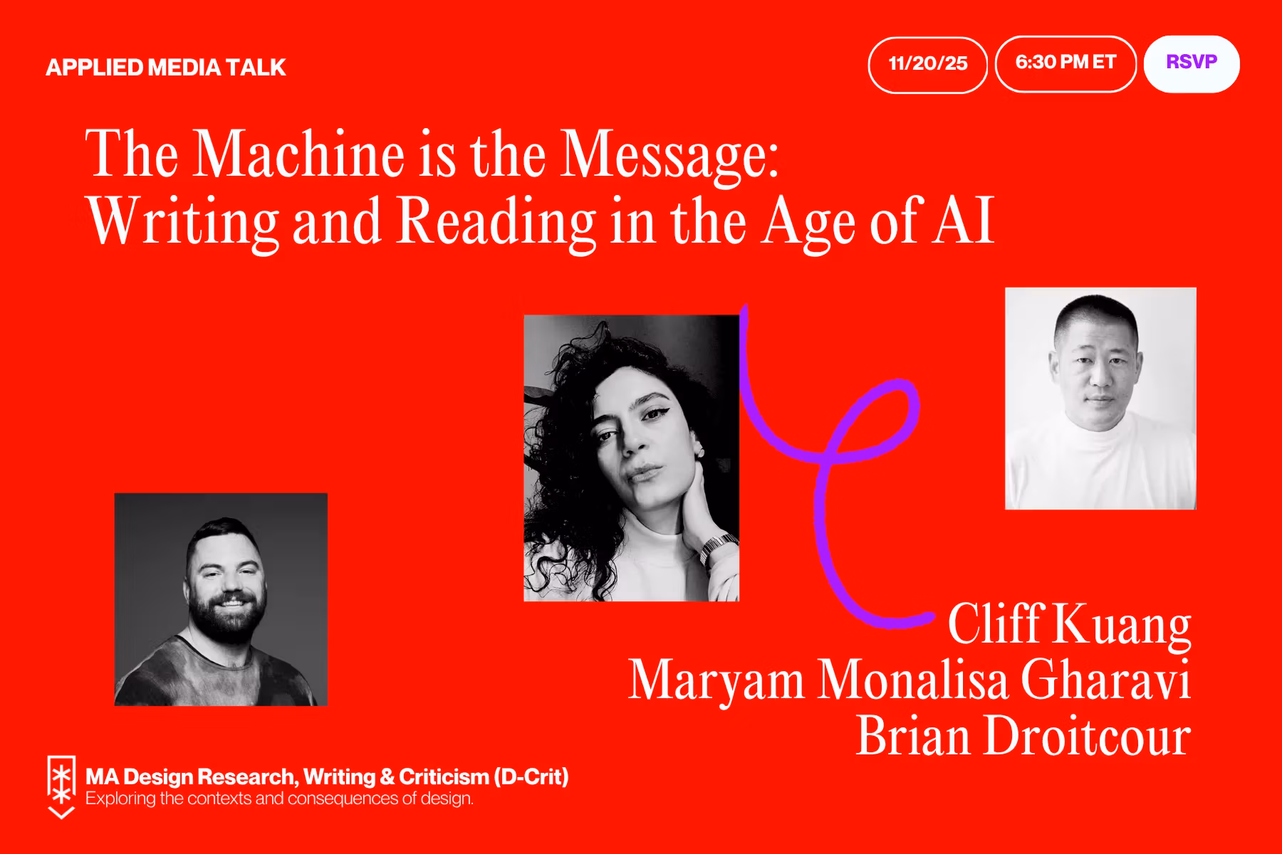 Red flyer for D-Crit’s The Machine is the Message talk, featuring Droitcour, Gharavi, and Kuang, Nov 20 at 6:30 PM ET.