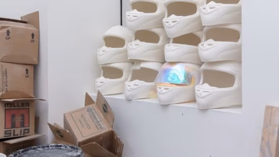 Plaster wall sculptures of helmets.