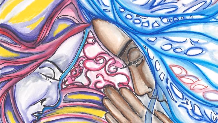 A colorful illustration of two women praying.