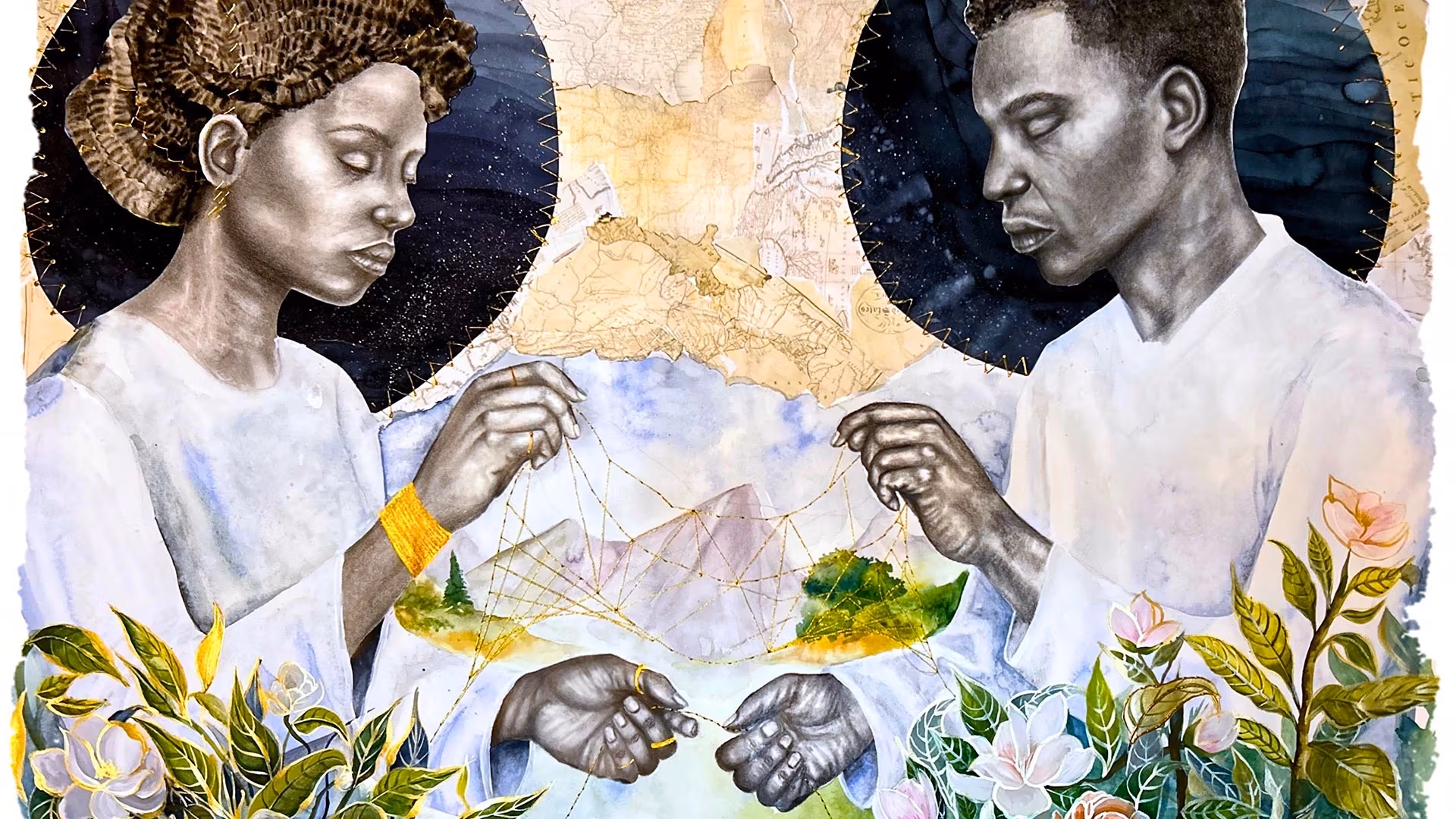 Morgan Overton, Landweavers, 2026, graphite, watercolor, embroidery, archival collage, and gilded gold, 40" × 30".
