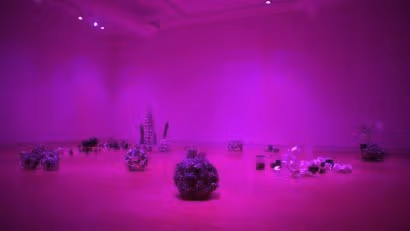 A room in a gallery bathed in purple light with various sculpture installations.