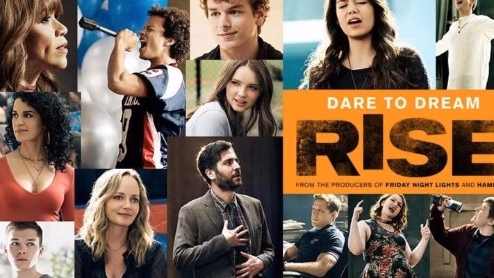 Pictures of white people along with a phrase "DARE TO DREAM RISE-from the producers of friday night lights and hamilton"