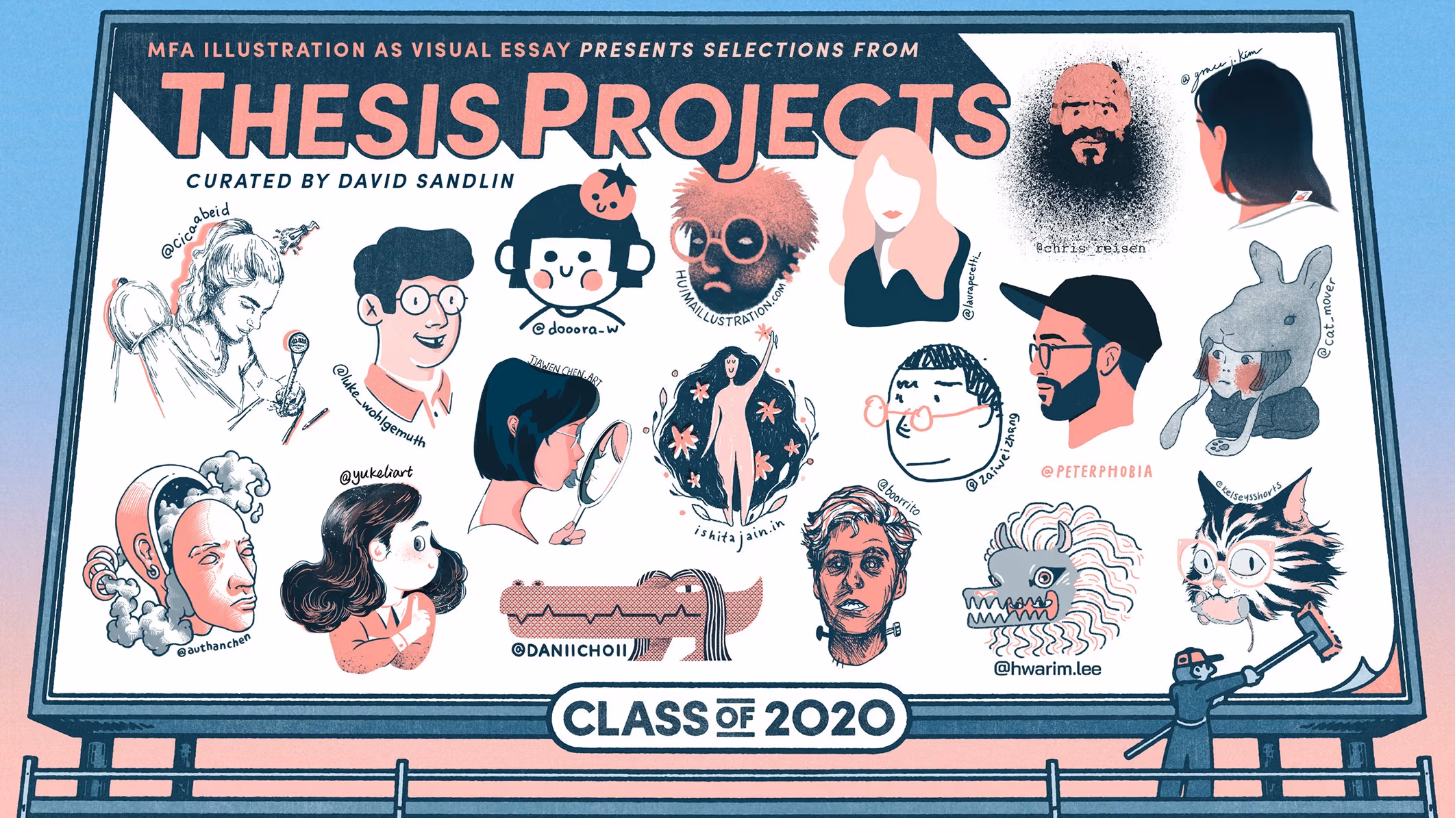 Illustrated graphic of MFA Illustration as Visual Essay's graduating thesis class, featuring a billboard containing a self-portrait by each of the featured artists across it.