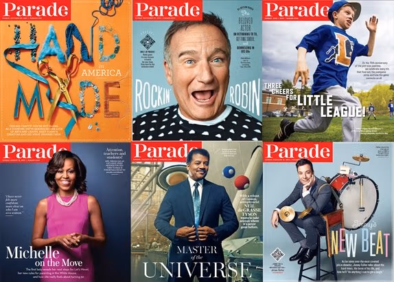 A collection of six Parade magazine covers are arranged three to a row.