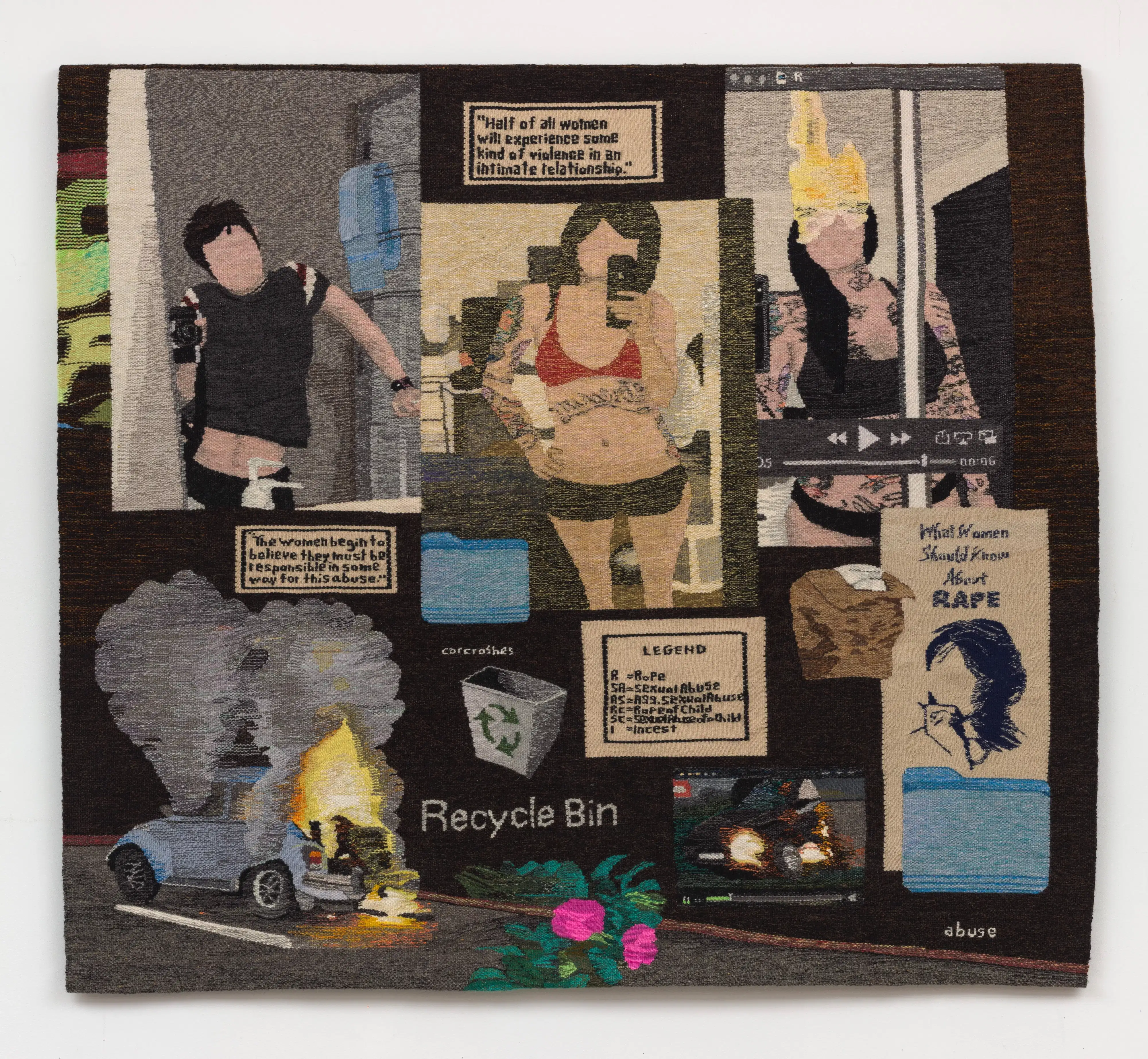 Artwork by Erin M. Riley. The work is a tapestry that depicts different figures without facial features along with text and objects across the piece.