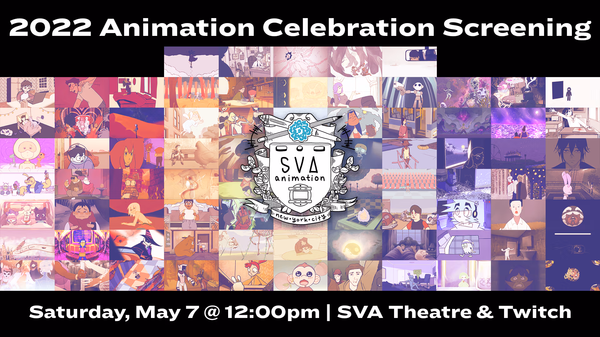 Collage of thesis films in rainbow order overlaid with BFA Animation coat of arms logo