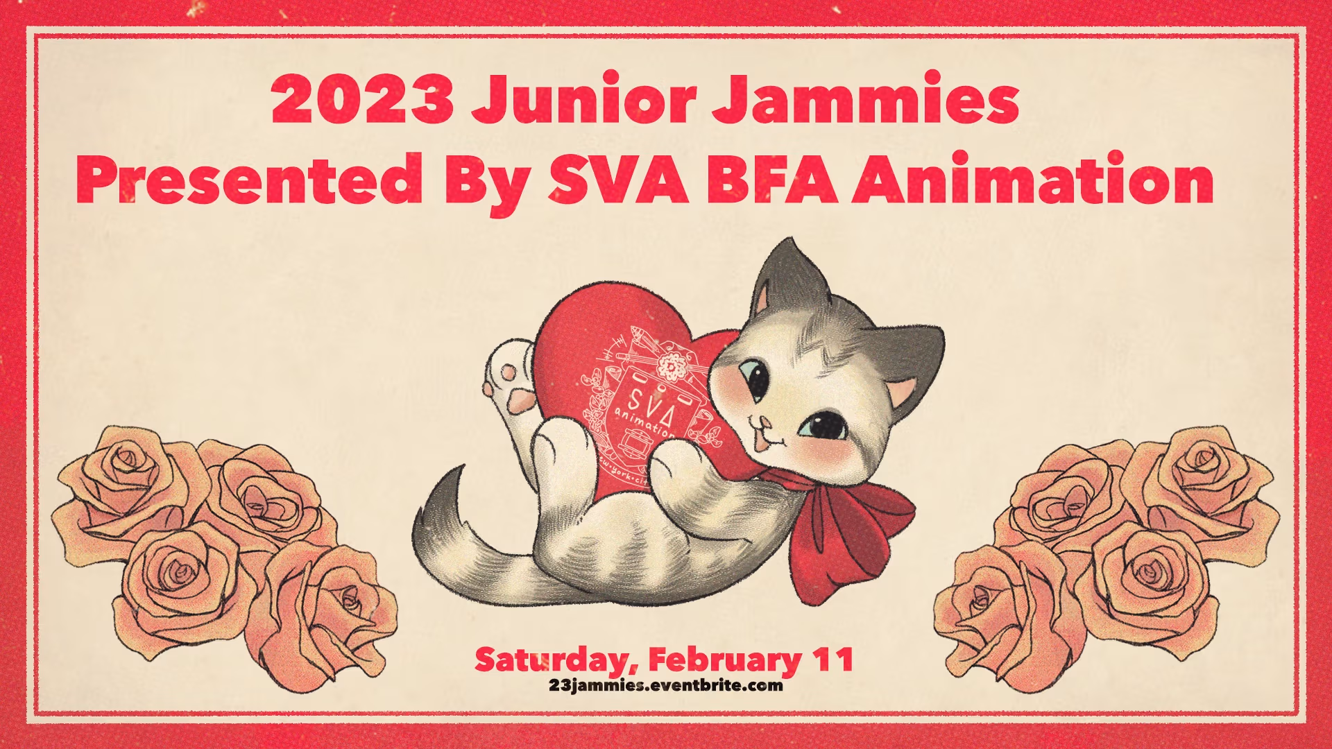 grey cat holding a heart surrounded by roses with the text "2023 Junior Jammies" above it