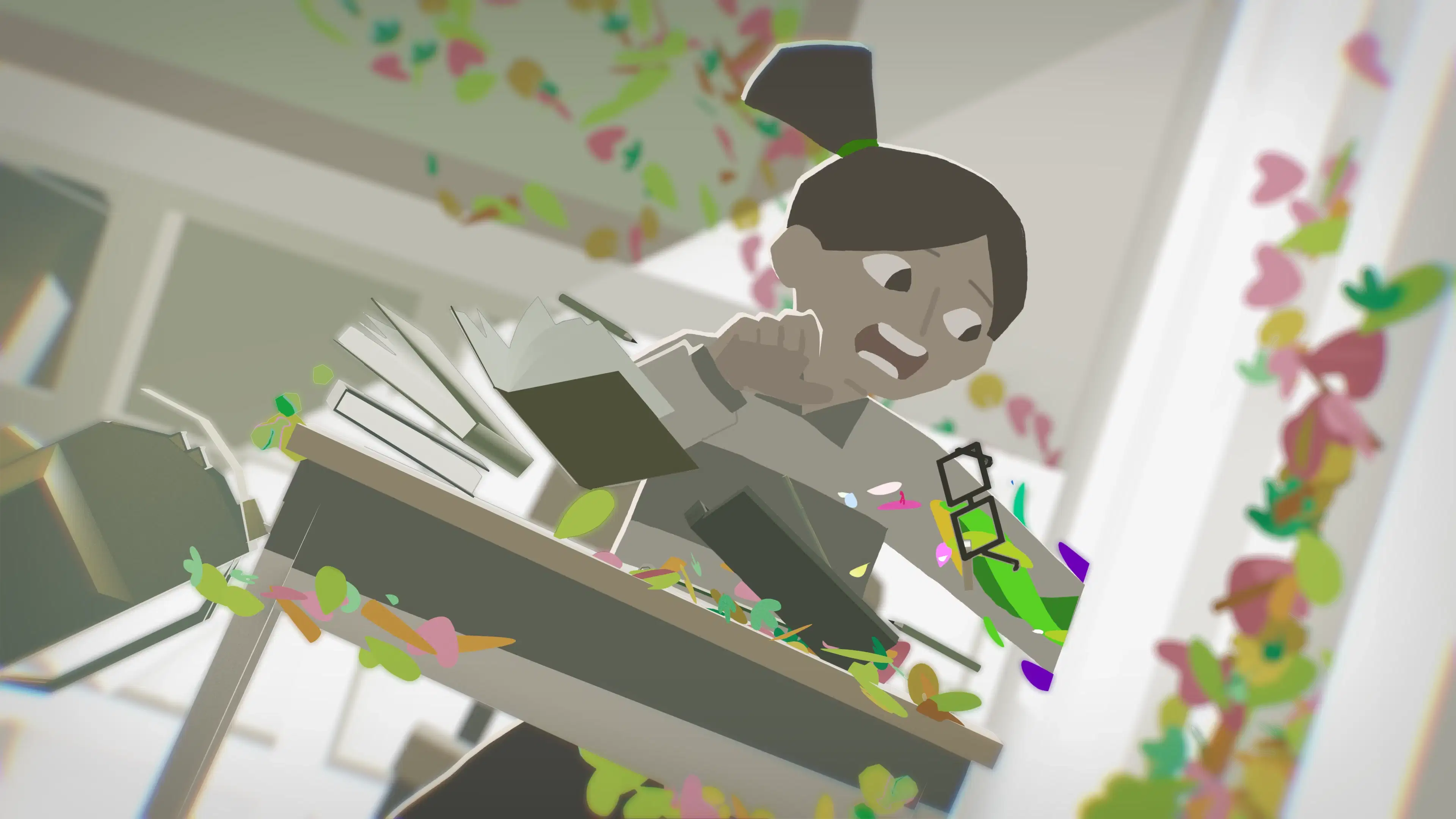 Animated character with glasses and objects tipping towards right