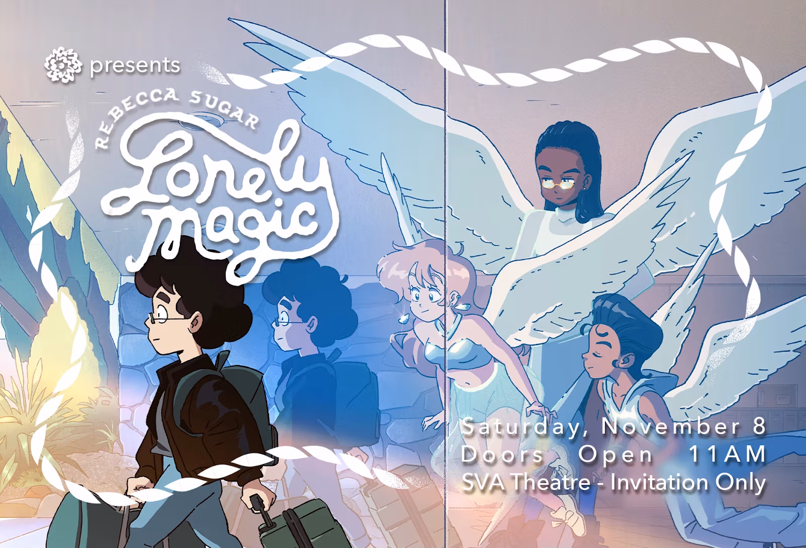 Animated promo image of a young person walking away with suitcases while angels watches over them