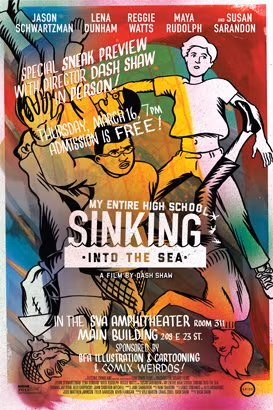 Advertisement for a film titled "My Entire High School Sinking into the Sea" being shown at the SVA Amphitheater