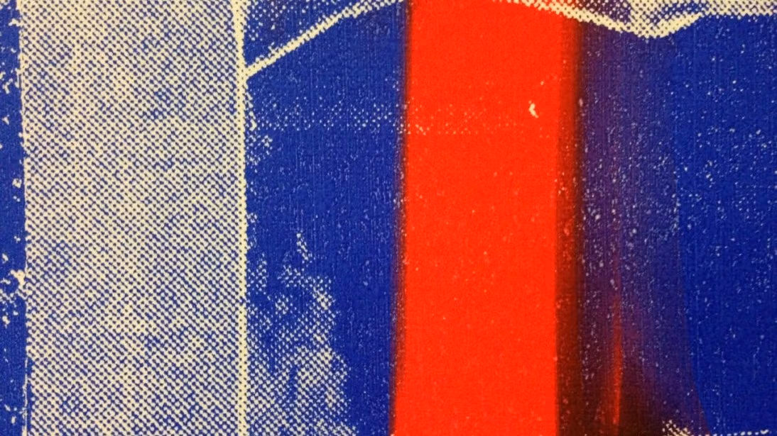 A blue background with white and red.