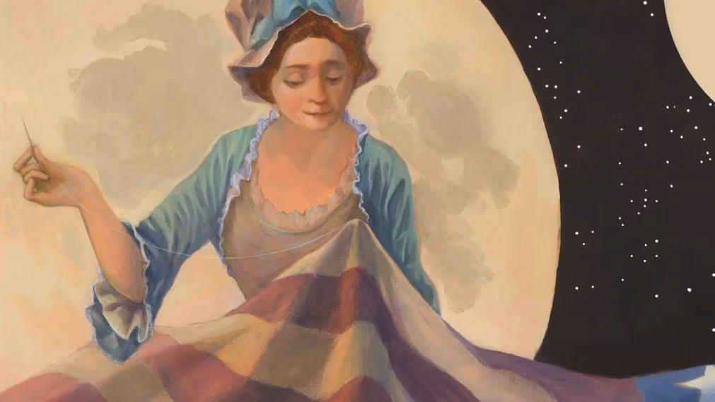 illustration of a colonial-dressed woman sewing the American flag
