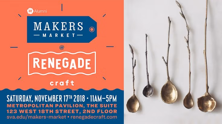 split screen, makers market logo and spoons that look like branches