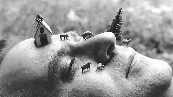 Black and white image of a man laying down facing the sky. On his face is a tree and small building surrounded by tiny farm animals.