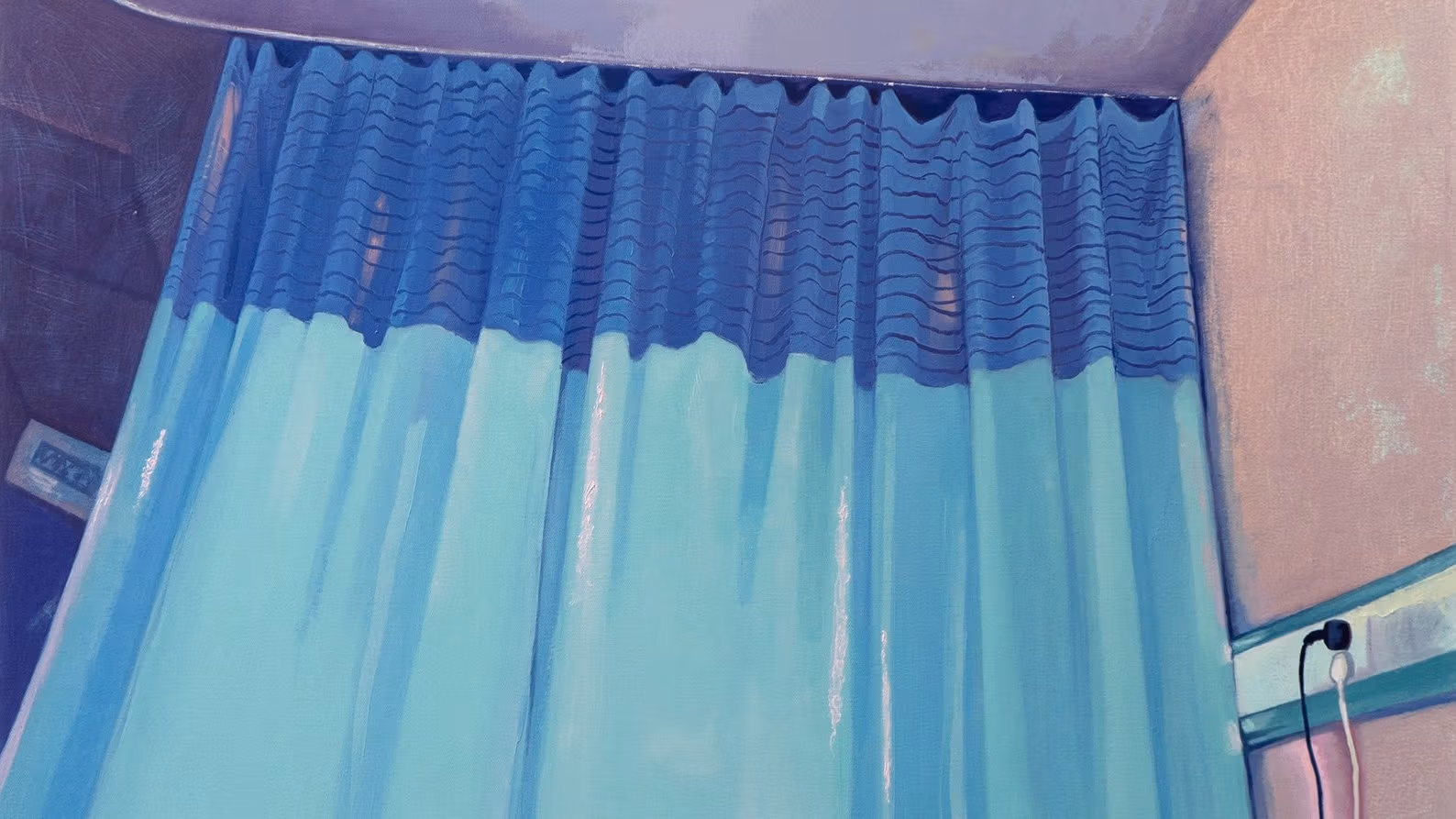 Painting of a bathroom and blue shower curtain, as viewed from the floor looking upward at an angle.