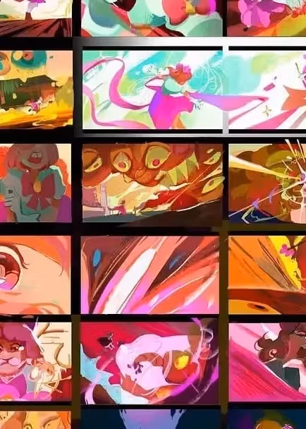 A vibrant storyboard showcases dynamic action scenes with a pink-haired character, fantasy elements, and intense battles. Emotions range from excitement to determination.