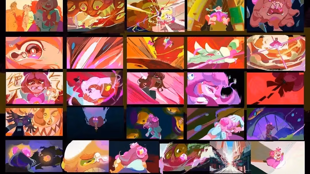 A vibrant storyboard showcases dynamic action scenes with a pink-haired character, fantasy elements, and intense battles. Emotions range from excitement to determination.