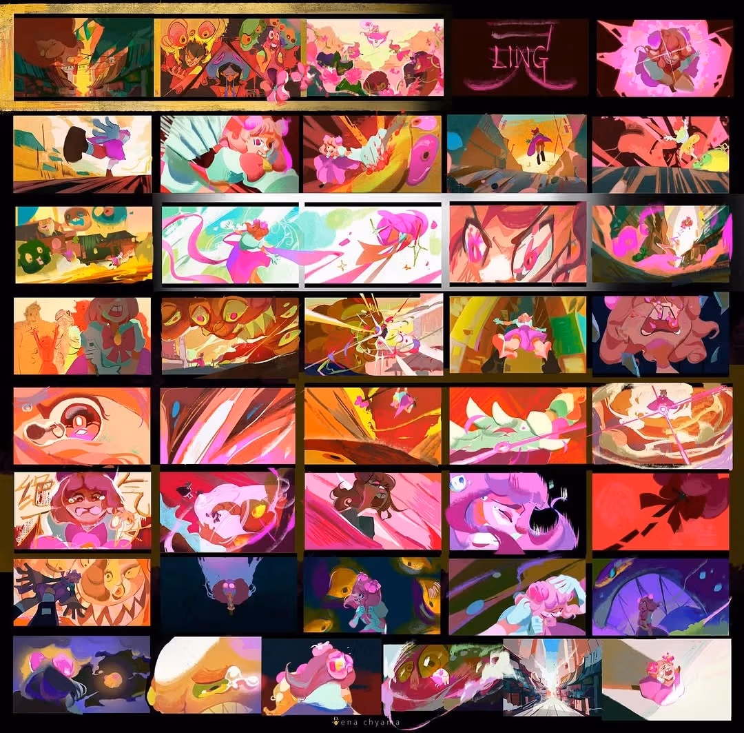 A vibrant storyboard showcases dynamic action scenes with a pink-haired character, fantasy elements, and intense battles. Emotions range from excitement to determination.