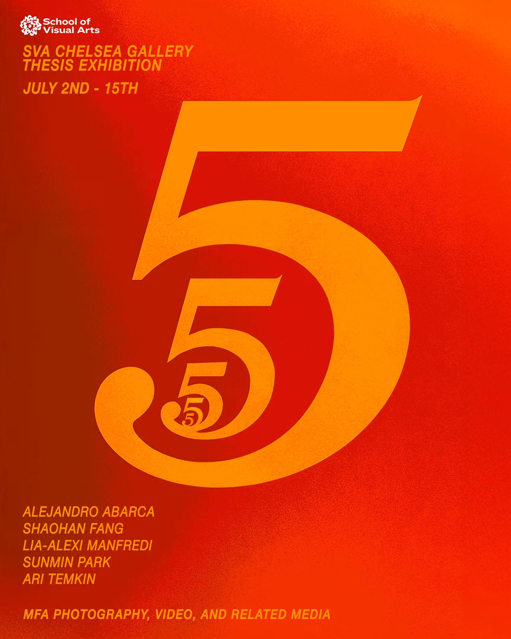 graphic with thesis exhibition information. red background with gold lettering of the number 5 and the artists names