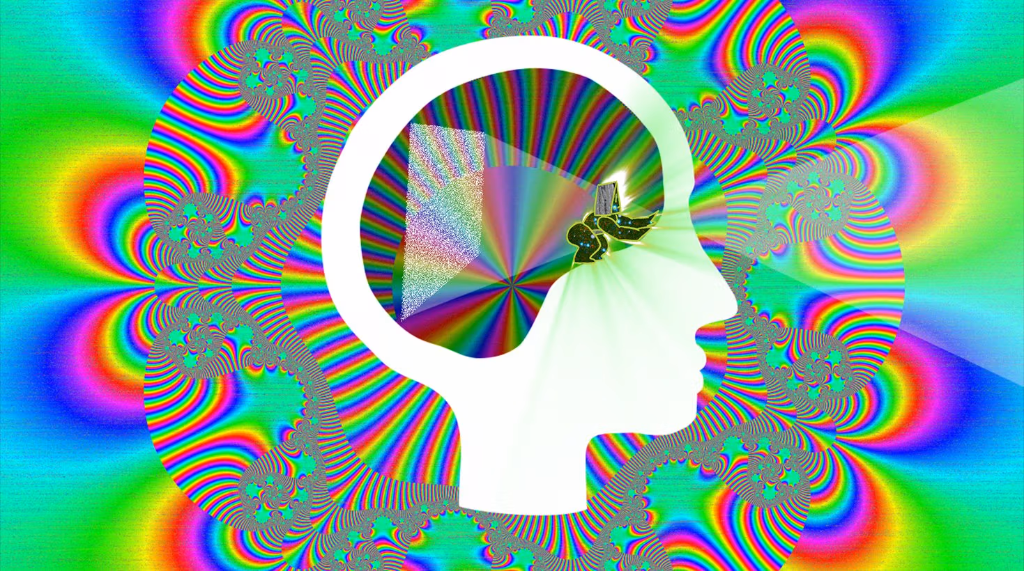 Still from animation, depicting a white silhouette of a head with a small human figure inside an inner hollow space. In the background are psychedelic colors and shapes.