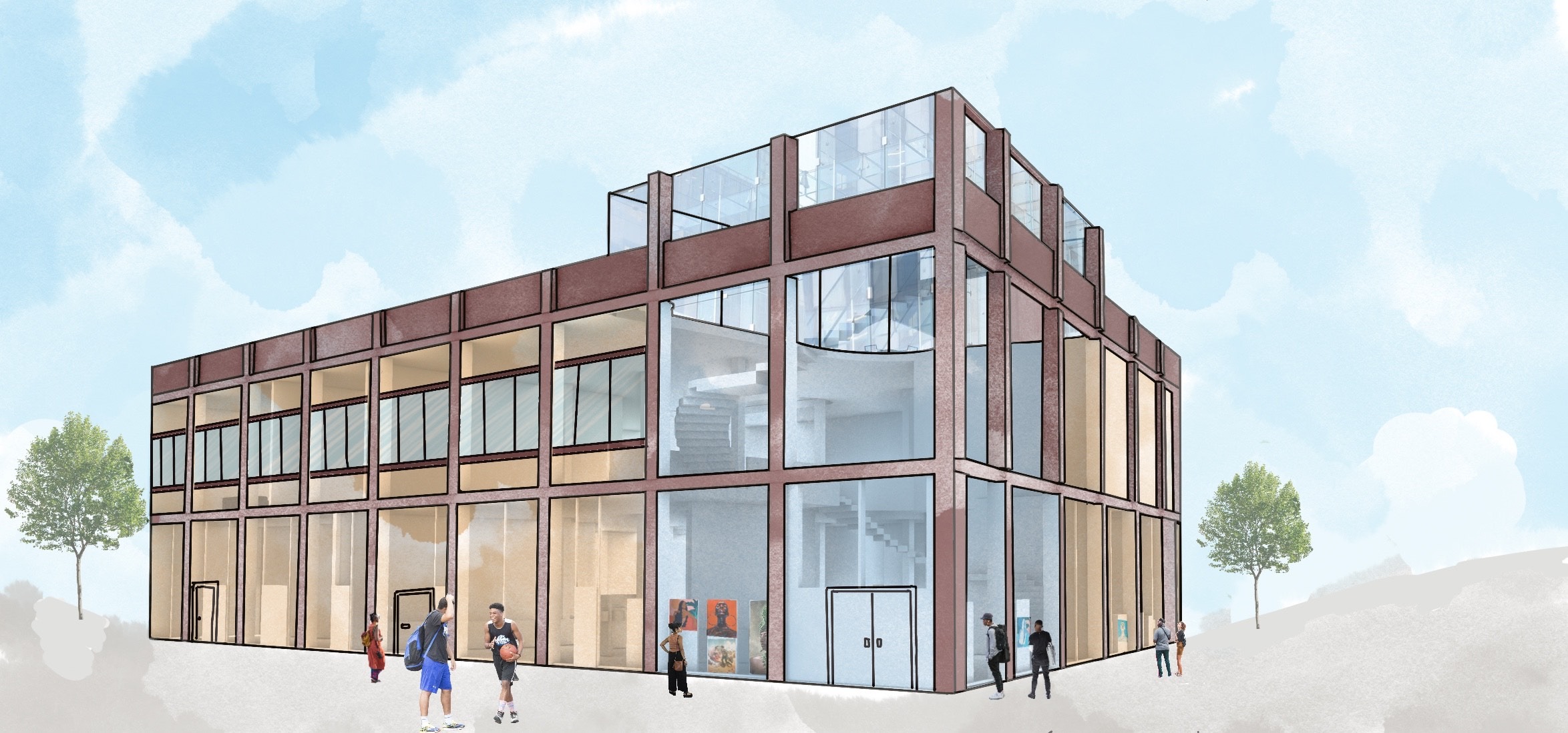 3D rendered building plan of a proposed redesigned Community Justice Center. The building is dark grey with light blue glass panels. 