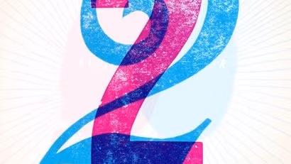 A poster for for a summer exhibition with the number two in blue and pink color overlapping.