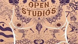 a drawing of a topless man with his arms crossed and tattoos covering his upper body.