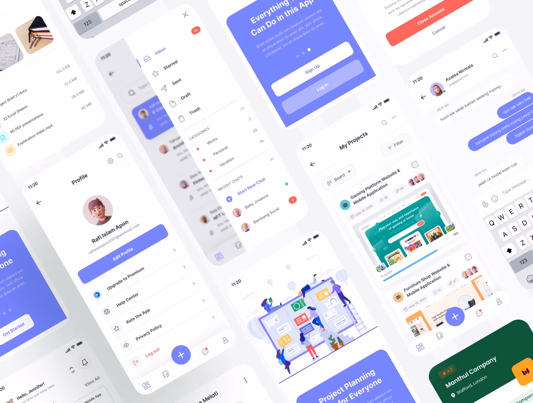 A slanted grid of app screens