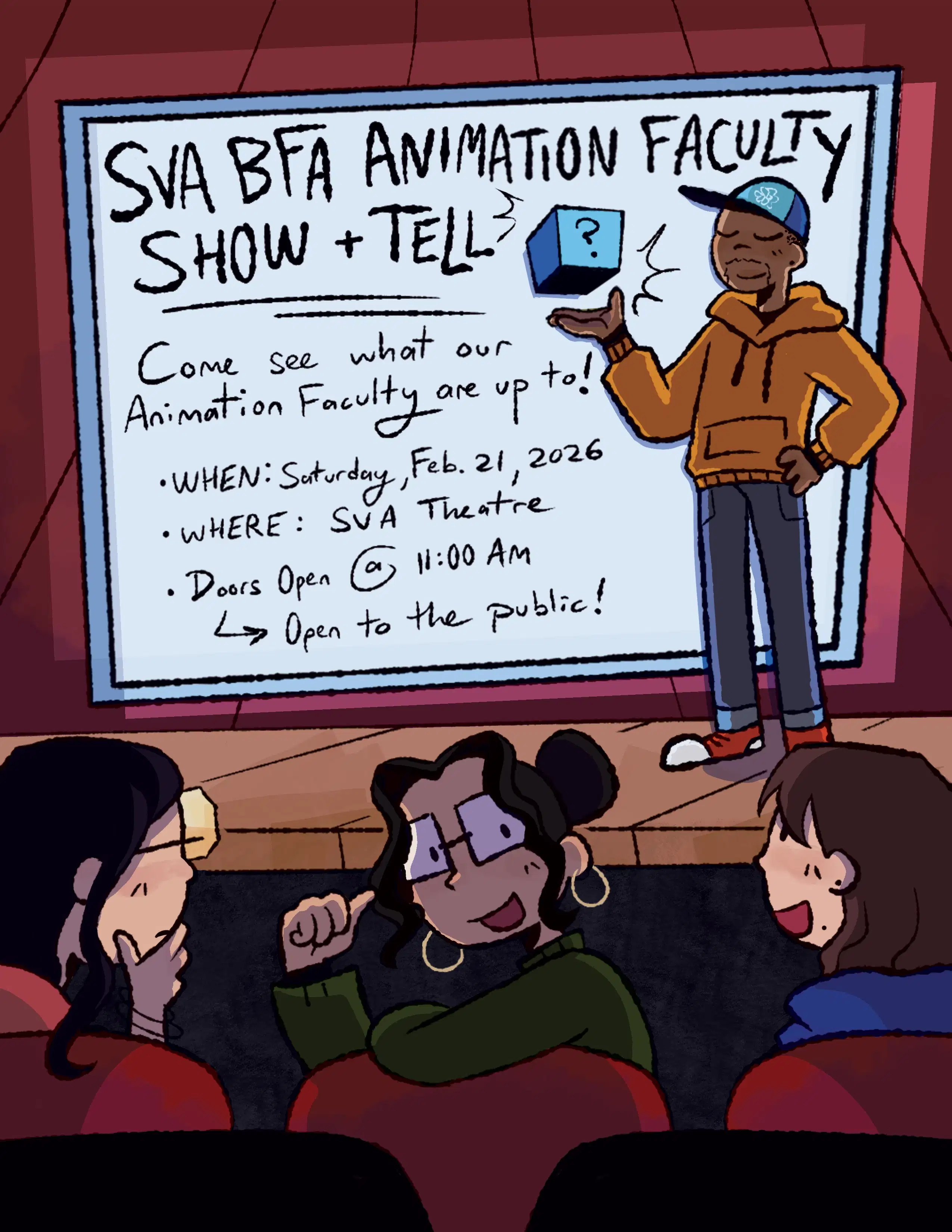 Drawing of a person on stage and three people sitting on chairs watching