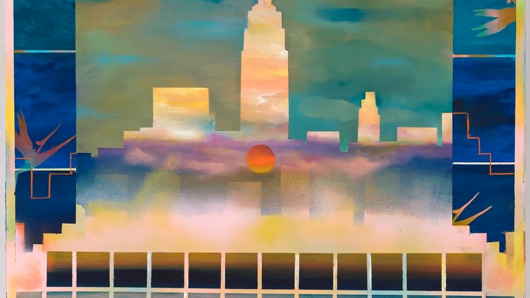 A skyline stands against a colorful background.