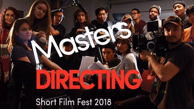 A poster for the MPS Directing Short Film Fest, feauring a photo of a group of people facing forward, some of whom are holding film materials like a camera, boom microphone and scripts.