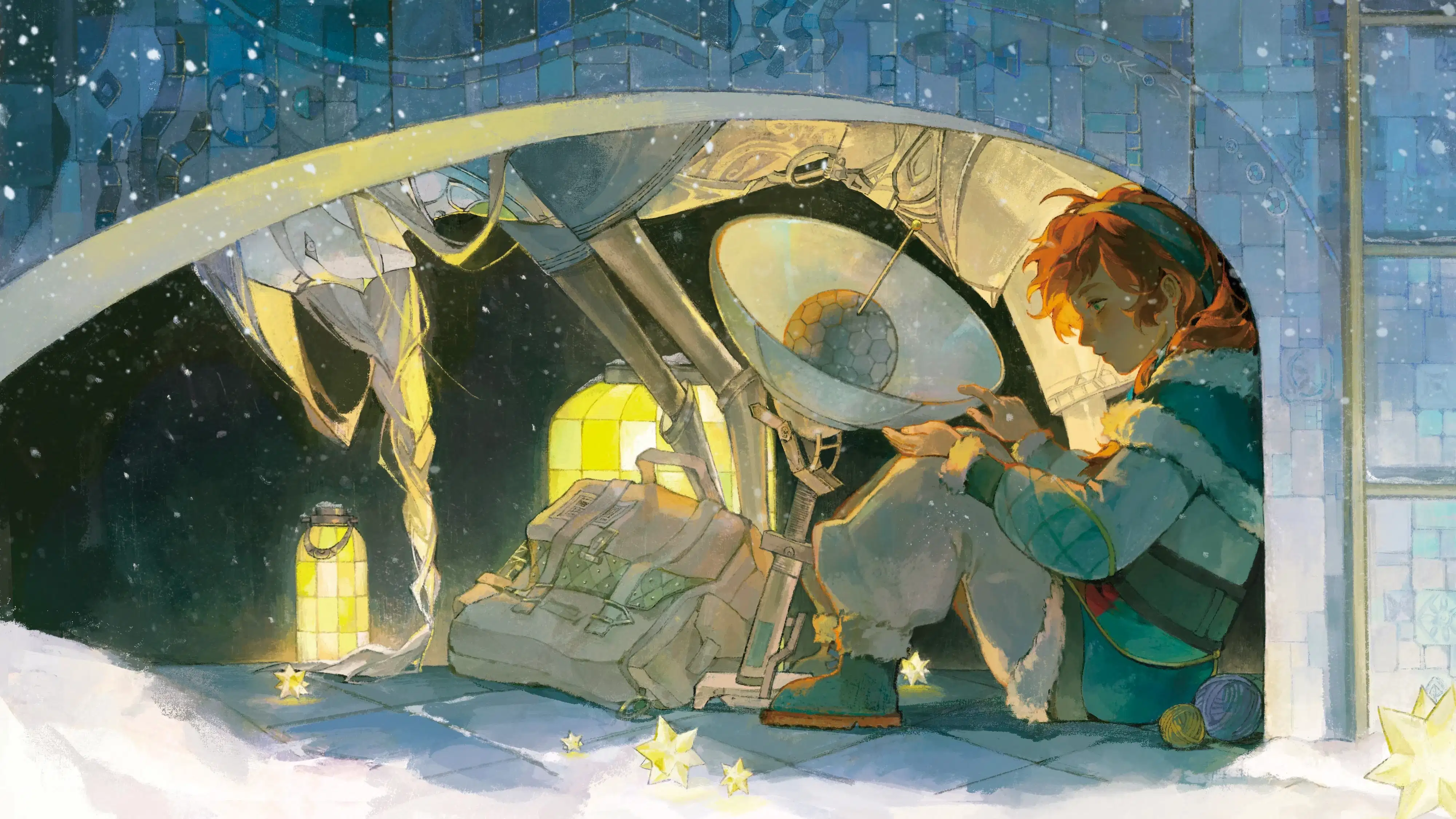  A person sits in a snowy atmosphere with lanterns, a backpack, and a small satellite dish.