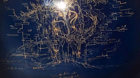 An abstract illustration of people walking toward a glowing door.