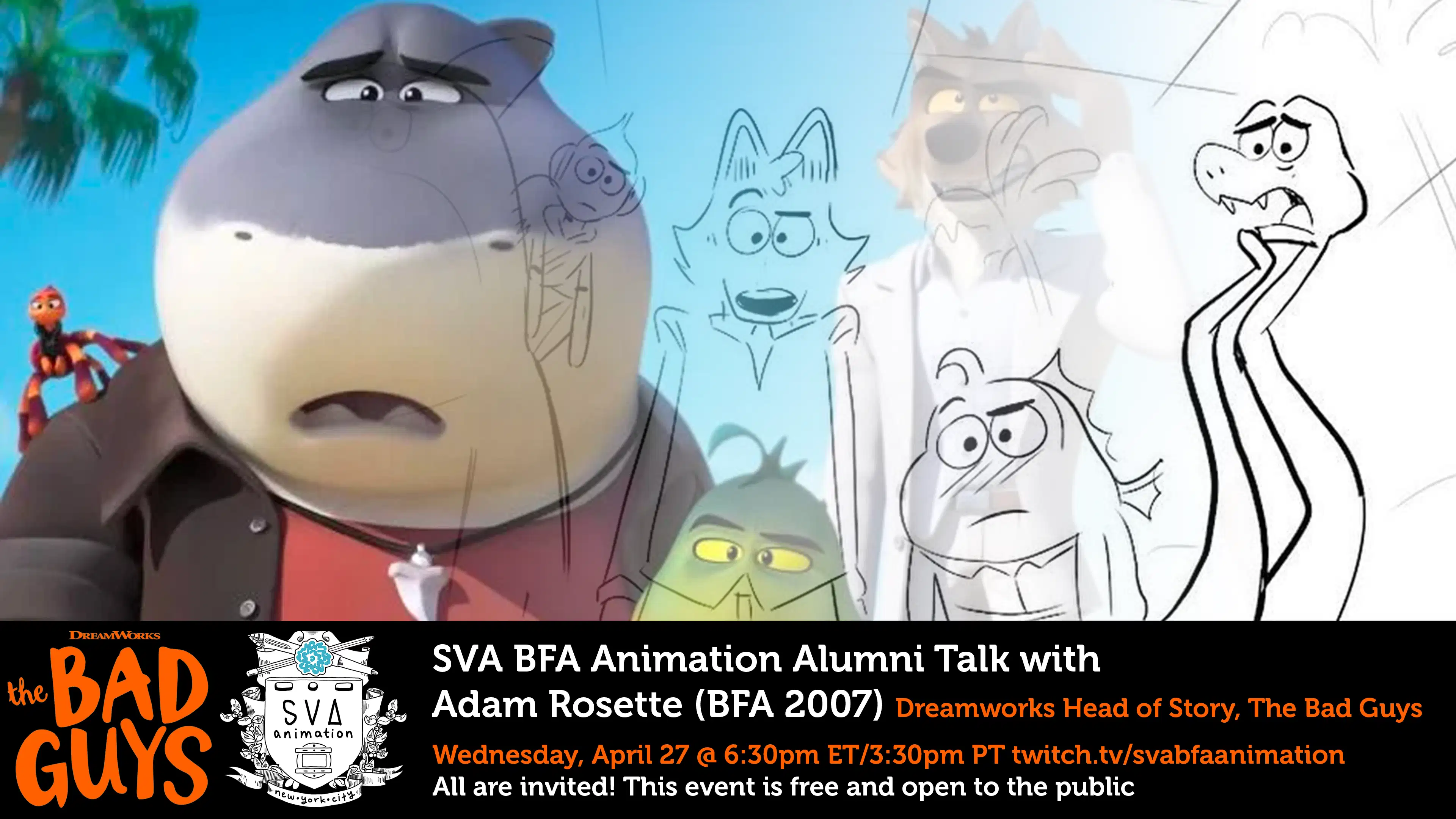 A screen capture fading into a storyboard panel of various animal characters from The Bad Guys with event information text at the bottom