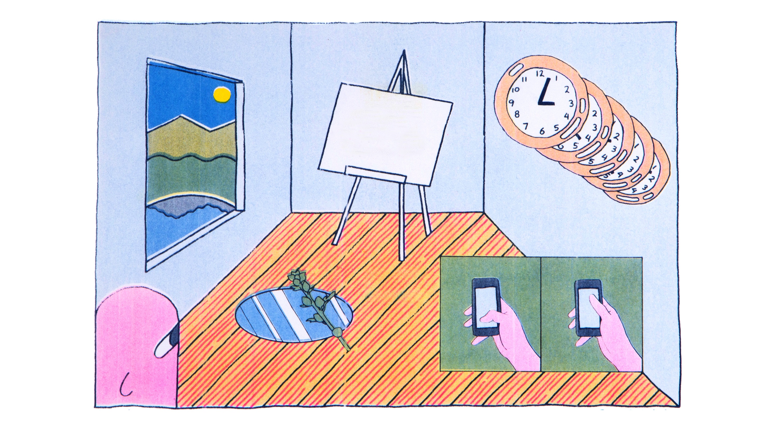 Risograph print of a drawing of an interior scene. The walls of the room are light blue, the floor is hardwood. Out the window to the left it is daylight. The face in the bottom left is content. There is a mirror on the floor with a plant over it. There is a 2-panel comic in the bottom right with a thumb scrolling on a phone. There is a series of clocks over the 2-panel comic. in the center of the room is a blank canvas.