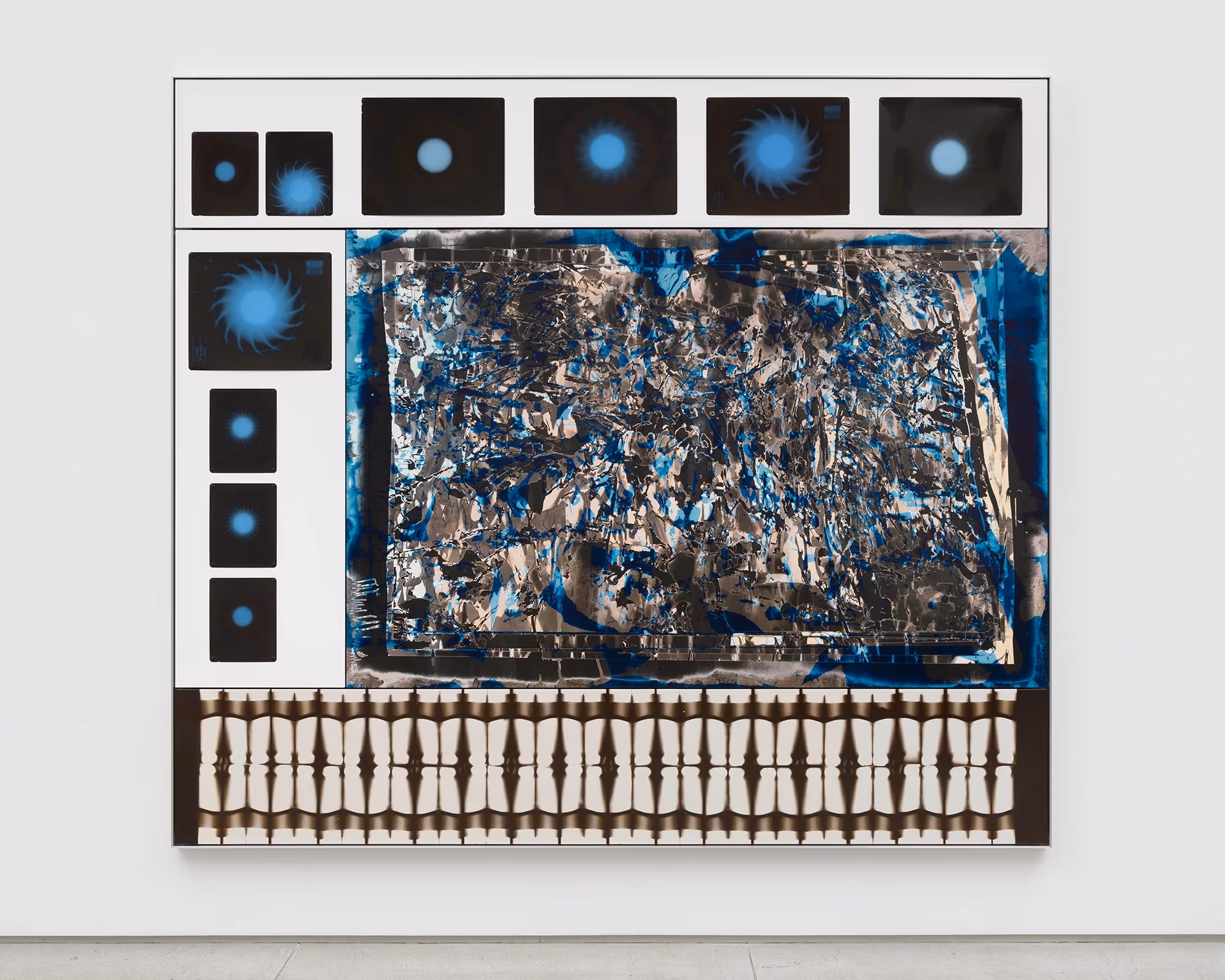 Solar Array (2025)  Unique chemical painting on light-sensitive silver gelatin paper, x-rays, photogram on silver gelatin paper 91 3/4 x 103 x 2 inches