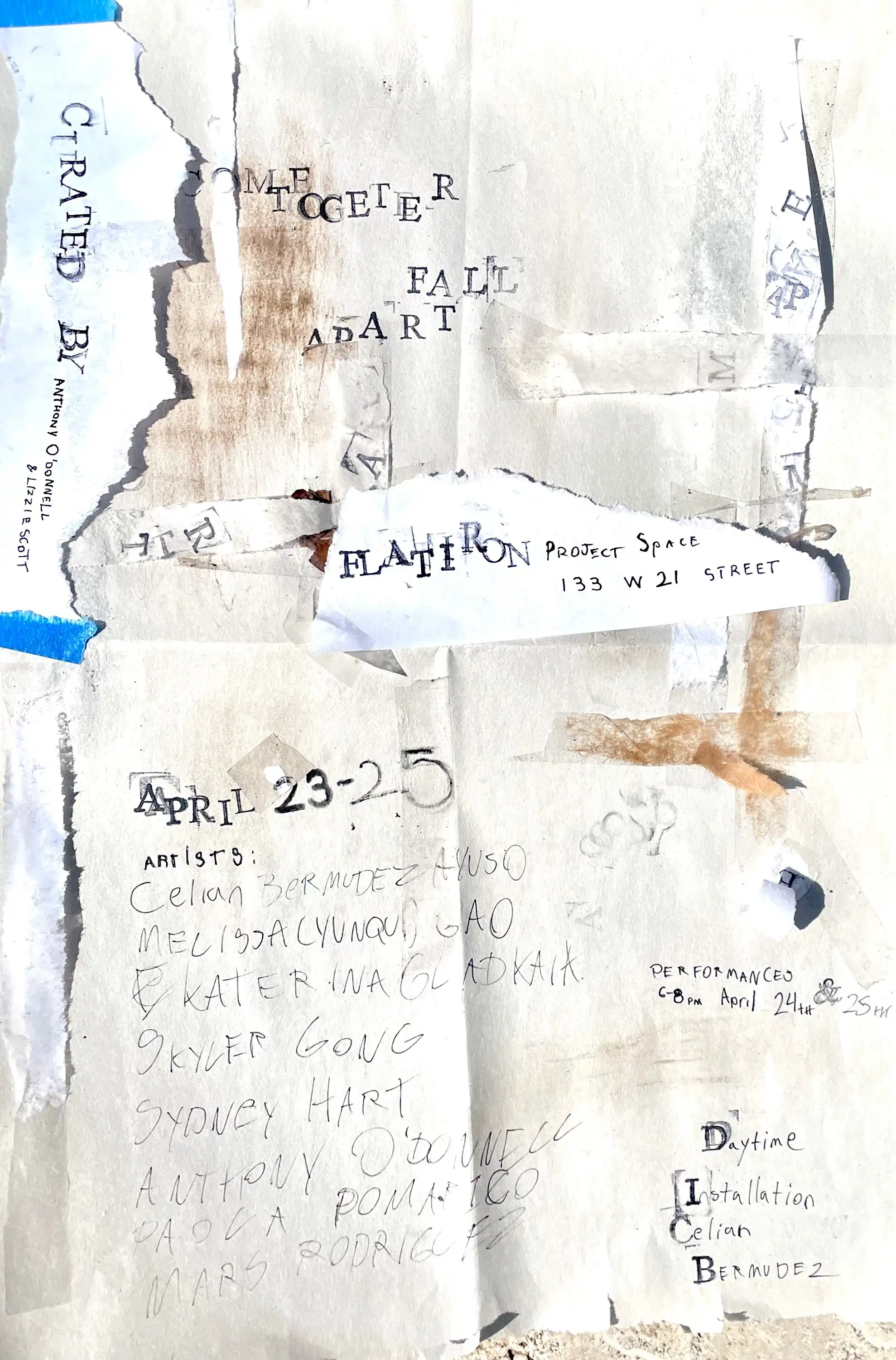 Poster for the exhibition Together We Fall Apart, made of scraps of paper coming together with the names of the participating artists written at bottom left.