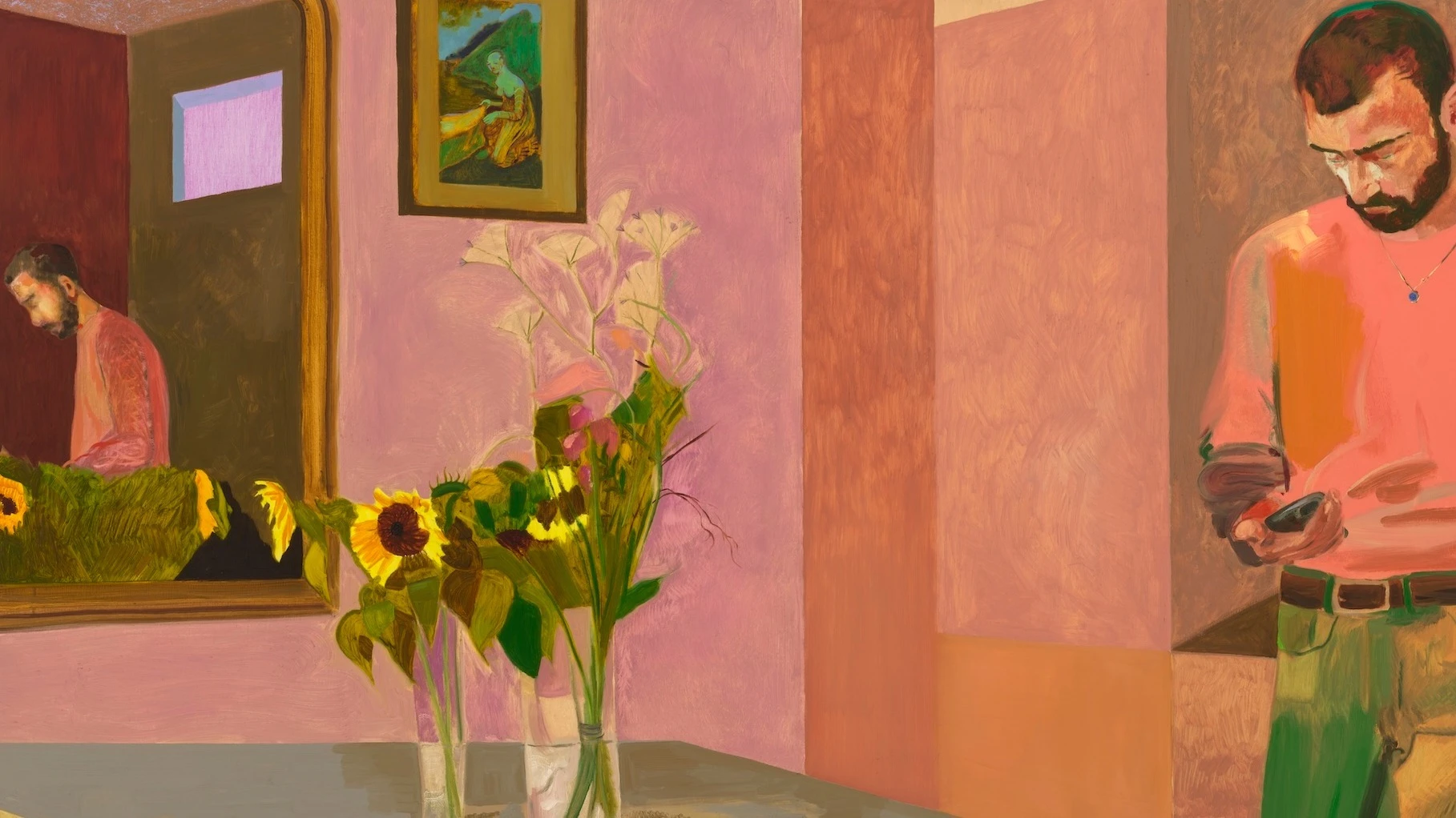A painting by Anthony Cudahy depicting a man standing in a room. He is looking down at what appears to be a cell phone. A table is in front of him with two vases filled with with flowers. 