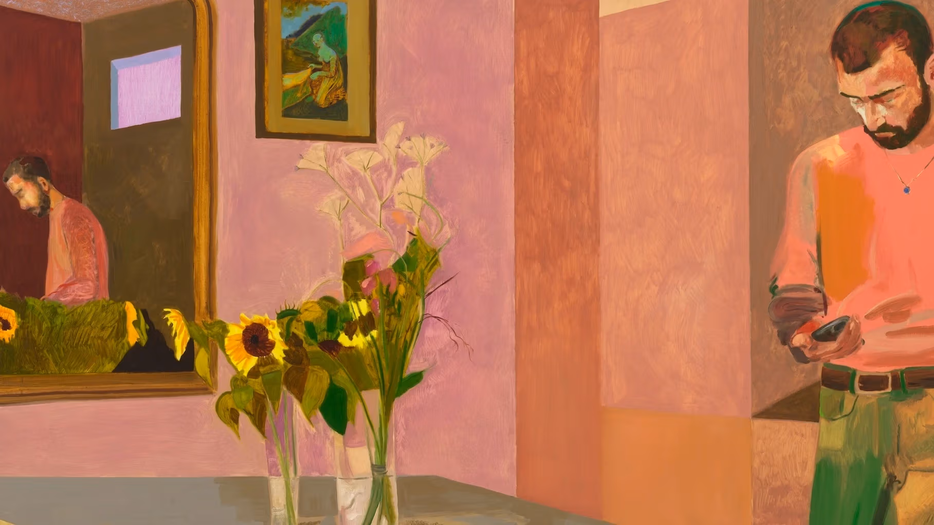 A painting by Anthony Cudahy depicting a man standing in a room. He is looking down at what appears to be a cell phone. A table is in front of him with two vases filled with with flowers. 