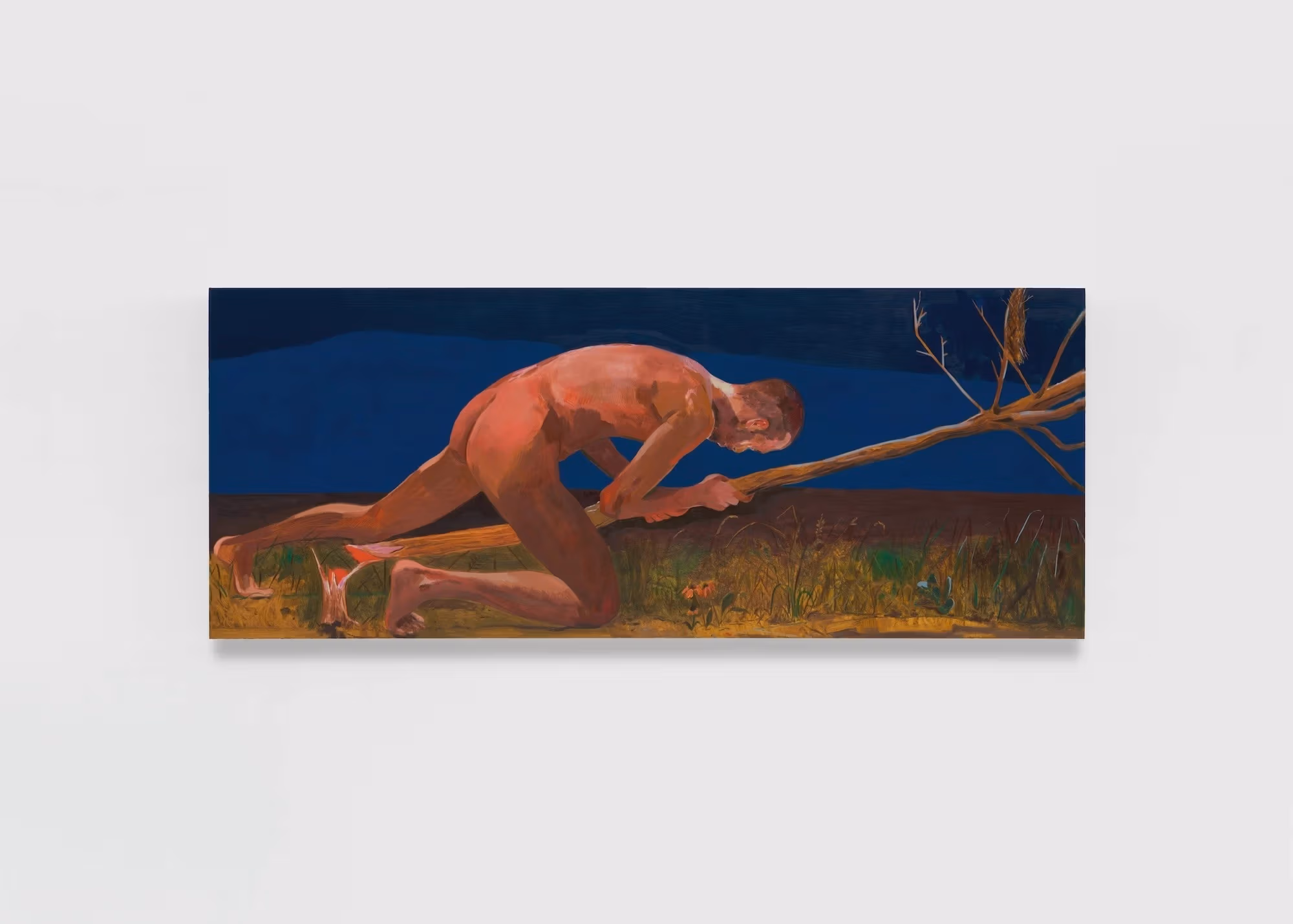 Painting of a man pushing over a tree by Anthony Cudahy, entitled Death instinct (for Bergman, for Tarkovsky), 2024. Oil on linen, 4 x 10 ft.