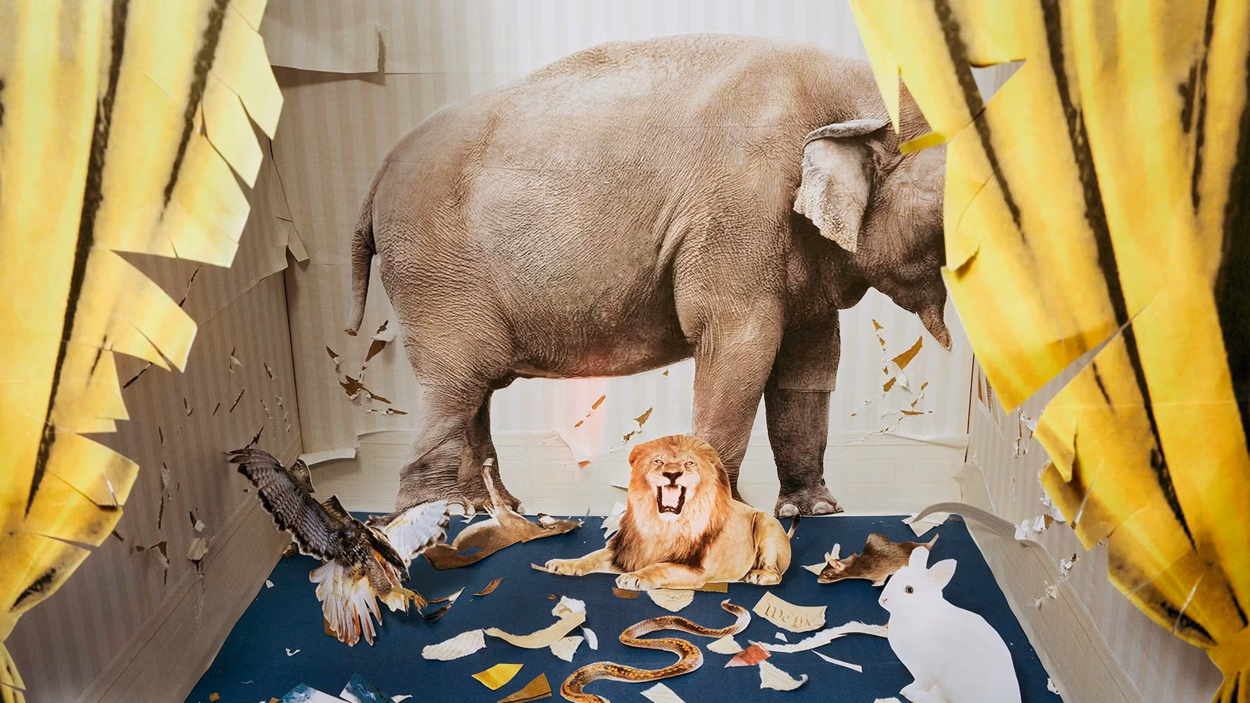 Tableau of multiple image cutouts of animals placed in a constructed, stage-like setting, and rephotographed.