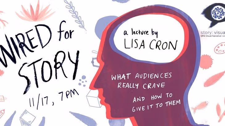 A poster with many blue and red illustrations advertises a lecture by Lisa Cron called "Wired for a Story."